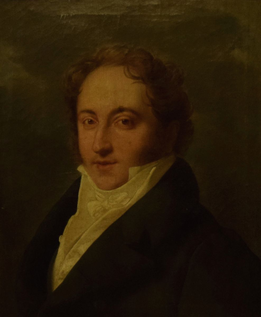 Portrait of Rossini, oil on canvas, by Tito Marzocchi de Bellucci (1801-1871). Presumably this painting is based on the portrait by Pietro Bettelli from 1808. FEM-944.